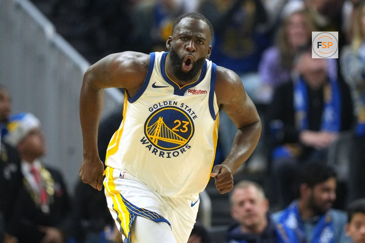 Dec 25, 2025; San Francisco, California, USA; Golden State Warriors forward Draymond Green (23) reacts after making a three point basket against the Dallas Mavericks during the second quarter at Chase Center. Credit: Darren Yamashita-Imagn Images