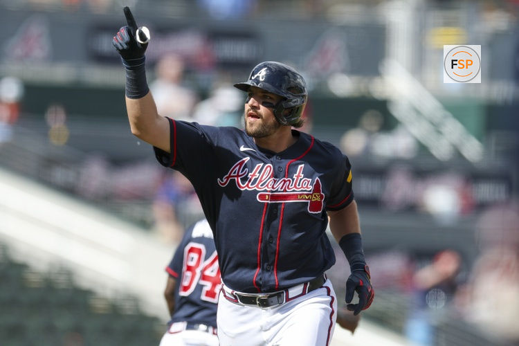 Mar 7, 2026; North Port, Florida, USA; Atlanta Braves third baseman Austin Riley (27) runs the bases after hitting a home run against the Baltimore Orioles in the sixth inning during spring Training at CoolToday Park. Credit: Nathan Ray Seebeck-Imagn Images