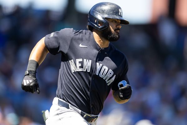 Mar 24, 2026; Mesa, Arizona, USA; New York Yankees outfielder Jasson Dominguez against the Chicago Cubs during spring training at Sloan Park. Mandatory Credit: Mark J. Rebilas-Imagn Images