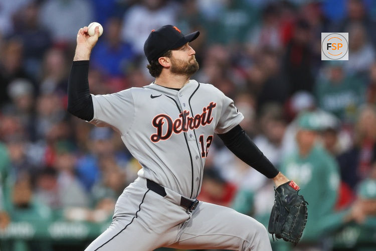 Apr 17, 2026; Boston, Massachusetts, USA; Detroit Tigers starting pitcher Casey Mize (12) delivers a pitch during the first inning against the Boston Red Sox at Fenway Park. Credit: Paul Rutherford-Imagn Images