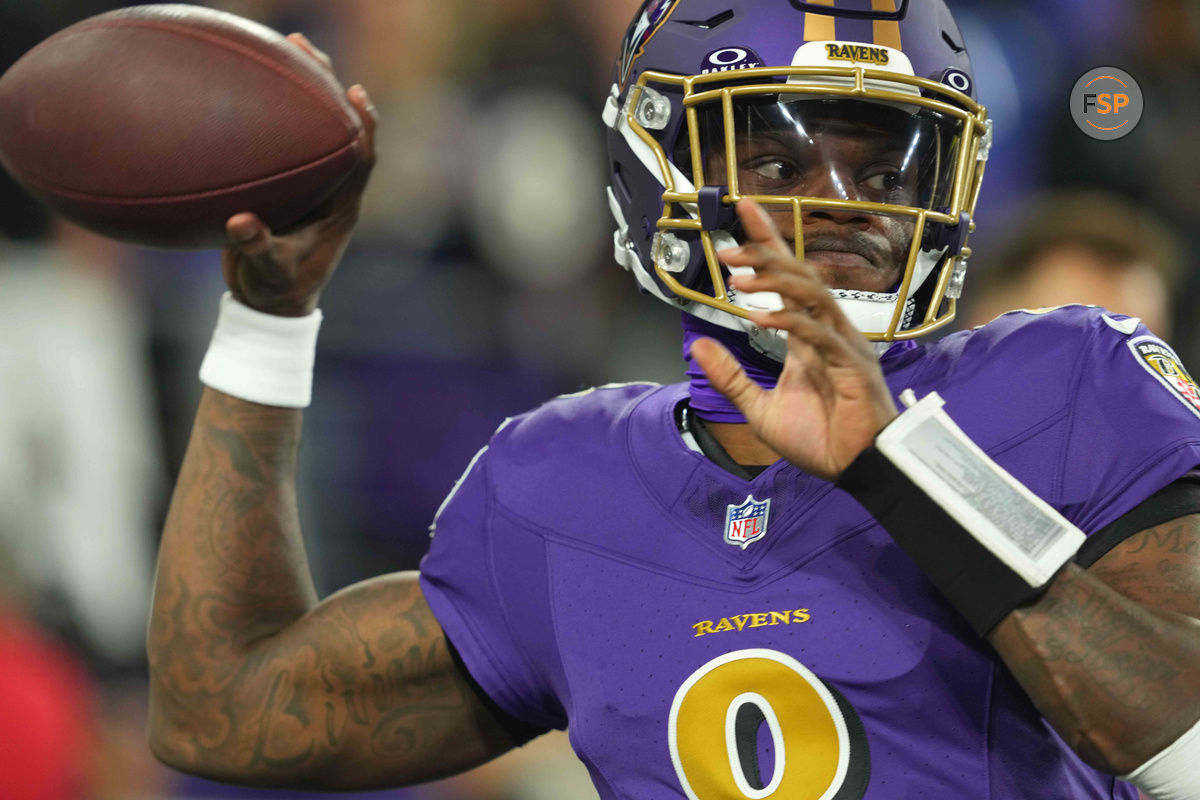 Nov 7, 2024; Baltimore, Maryland, USA; Baltimore Ravens quarterback Lamar Jackson (8) prior to the game against the Cincinnati Bengals at M&T Bank Stadium. Credit: Mitch Stringer-Imagn Images