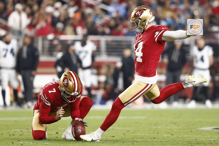 Nov 24, 2025; Santa Clara, California, USA; San Francisco 49ers place kicker Matt Gay (14) kicks a field goal against the Carolina Panthers during the first half at Levi's Stadium. Credit: Kelley L Cox-Imagn Images