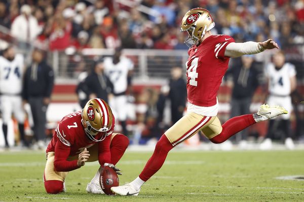Nov 24, 2025; Santa Clara, California, USA; San Francisco 49ers place kicker Matt Gay (14) kicks a field goal against the Carolina Panthers during the first half at Levi's Stadium. Mandatory Credit: Kelley L Cox-Imagn Images