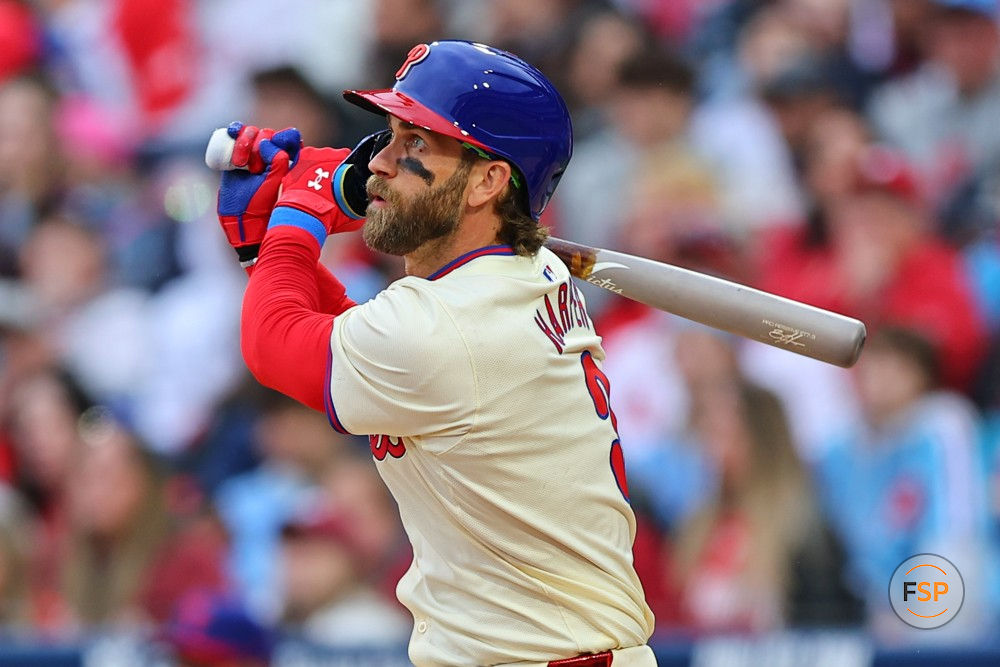 PHILADELPHIA, PA - MARCH 30: Bryce Harper (3) of the Philadelphia Phillies at bat during the game against the Atlanta Braves on March 30, 2024 at Citizens Bank Park in Philadelphia, Pennsylvania.  (Photo by Rich Graessle/Icon Sportswire)