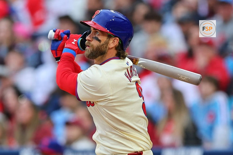 PHILADELPHIA, PA - MARCH 30: Bryce Harper (3) of the Philadelphia Phillies at bat during the game against the Atlanta Braves on March 30, 2024 at Citizens Bank Park in Philadelphia, Pennsylvania.  (Photo by Rich Graessle/Icon Sportswire)