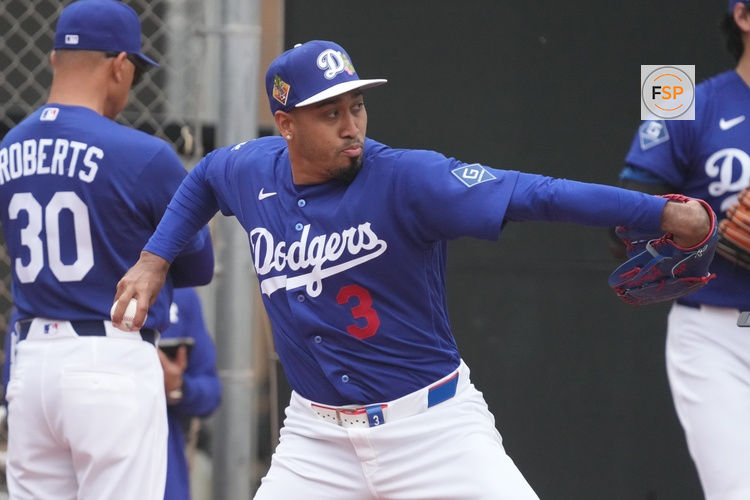 Feb 13, 2026; Glendale, AZ, USA; Los Angeles Dodgers pitcher Edwin Diaz (3) throws in the bullpen during spring training camp. Credit: Rick Scuteri-Imagn Images