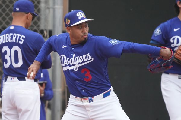 Feb 13, 2026; Glendale, AZ, USA; Los Angeles Dodgers pitcher Edwin Diaz (3) throws in the bullpen during spring training camp. Mandatory Credit: Rick Scuteri-Imagn Images