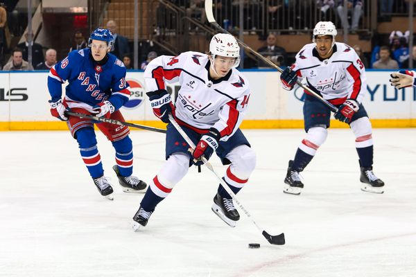 Apr 5, 2026; New York, New York, USA; Washington Capitals defenseman Cole Hutson (44) skates with the puck against the New York Rangers during the second period at Madison Square Garden. Mandatory Credit: Danny Wild-Imagn Images