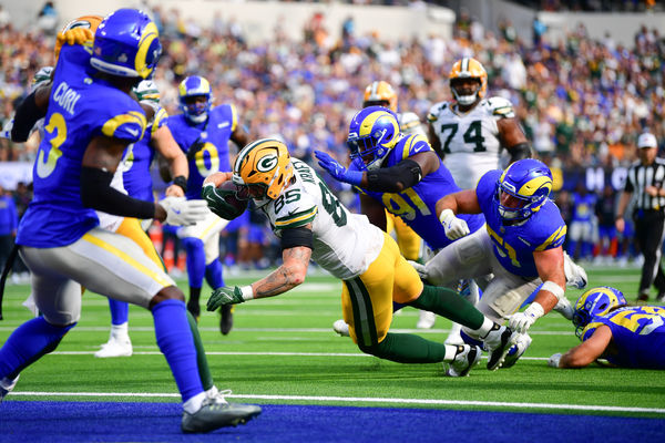 Oct 6, 2024; Inglewood, California, USA; Green Bay Packers tight end Tucker Kraft (85) is stopped short of the goal line against the Los Angeles Rams during the second half at SoFi Stadium. Mandatory Credit: Gary A. Vasquez-Imagn Images