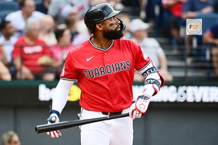 Aug 18, 2026; Cleveland, Ohio, USA; Cleveland Guardians right fielder Jo Adell (7) hits a three-run home run during the first inning against the San Francisco Giants at Progressive Field. Credit: Ken Blaze-Imagn Images