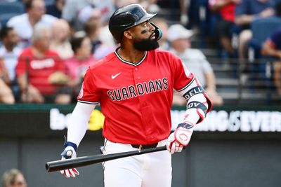 Aug 18, 2026; Cleveland, Ohio, USA; Cleveland Guardians right fielder Jo Adell (7) hits a three-run home run during the first inning against the San Francisco Giants at Progressive Field. Mandatory Credit: Ken Blaze-Imagn Images