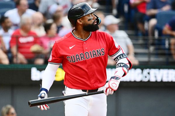 Aug 18, 2026; Cleveland, Ohio, USA; Cleveland Guardians right fielder Jo Adell (7) hits a three-run home run during the first inning against the San Francisco Giants at Progressive Field. Mandatory Credit: Ken Blaze-Imagn Images
