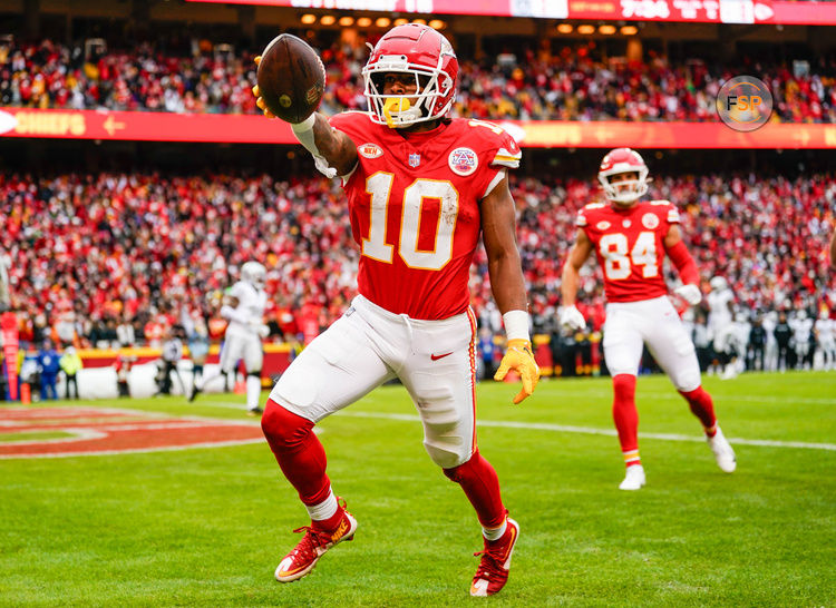 Dec 25, 2023; Kansas City, Missouri, USA; Kansas City Chiefs running back Isiah Pacheco (10) runs for a touchdown against the Las Vegas Raiders during the first half at GEHA Field at Arrowhead Stadium. Credit: Jay Biggerstaff-USA TODAY Sports