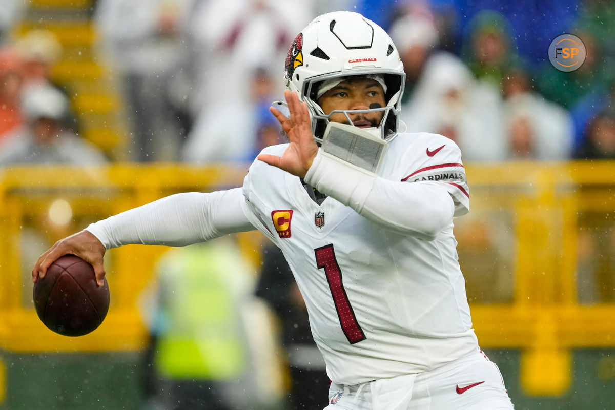 Oct 13, 2024; Green Bay, Wisconsin, USA;  Arizona Cardinals quarterback Kyler Murray (1) throws a pass during the first quarter against the Green Bay Packers at Lambeau Field. Credit: Jeff Hanisch-Imagn Images