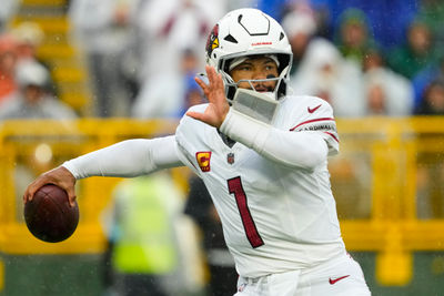 Oct 13, 2024; Green Bay, Wisconsin, USA;  Arizona Cardinals quarterback Kyler Murray (1) throws a pass during the first quarter against the Green Bay Packers at Lambeau Field. Mandatory Credit: Jeff Hanisch-Imagn Images