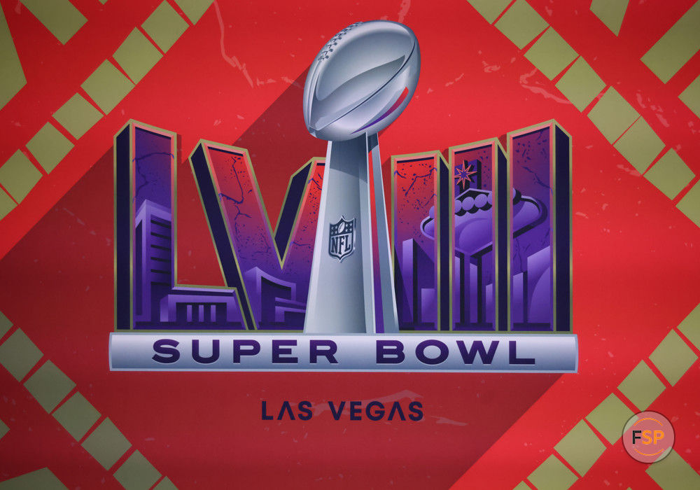 LAS VEGAS, NV - FEBRUARY 05: A general view of a Super Bowl logo during the Super Bowl LVIII Welcome Press Conference Monday, Feb. 5, 2024, at Mandalay Bay Events Center in Las Vegas, Nevada. (Photo by Marc Sanchez/Icon Sportswire)