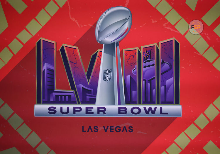 LAS VEGAS, NV - FEBRUARY 05: A general view of a Super Bowl logo during the Super Bowl LVIII Welcome Press Conference Monday, Feb. 5, 2024, at Mandalay Bay Events Center in Las Vegas, Nevada. (Photo by Marc Sanchez/Icon Sportswire)