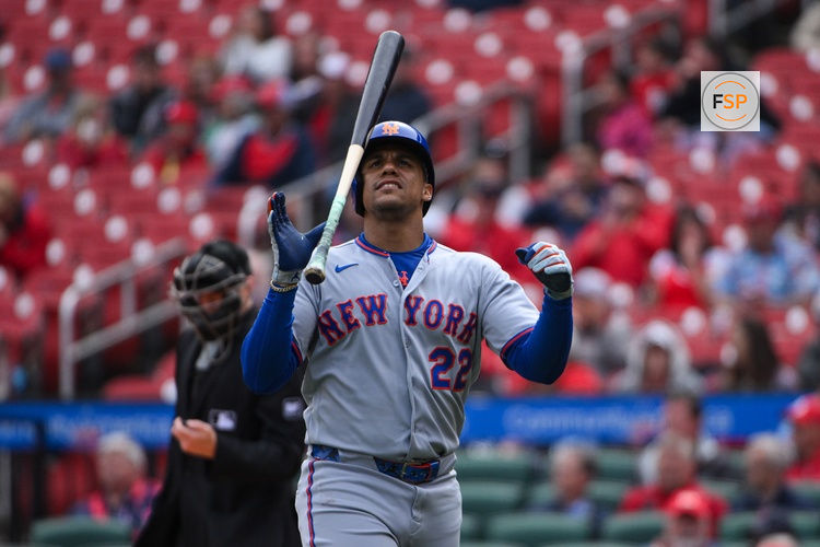 Apr 1, 2026; St. Louis, Missouri, USA; New York Mets left fielder Juan Soto (22) flips his bat after striking out against the St. Louis Cardinals during the fourth inning at Busch Stadium. Credit: Jeff Curry-Imagn Images