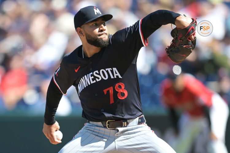 Sep 19, 2024; Cleveland, Ohio, USA; Minnesota Twins starting pitcher Simeon Woods Richardson (78) throws a pitch during the first inning against the Cleveland Guardians at Progressive Field. Credit: Ken Blaze-Imagn Images