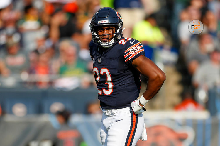 CHICAGO, IL - SEPTEMBER 10: Chicago Bears running back Roschon Johnson (23) hands on hips in the first half during a regular season game between the Green Bay Packers and the Chicago Bears on September, 10, 2023, at Soldier Field in Chicago, IL. (Photo by Brandon Sloter/Icon Sportswire)