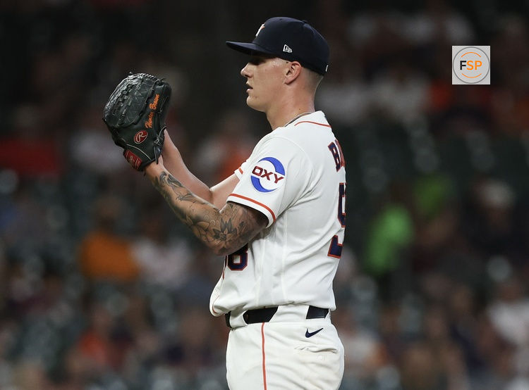 Mar 31, 2026; Houston, Texas, USA; Houston Astros starting pitcher Hunter Brown (58) pitches against the Boston Red Sox in the first inning at Daikin Park. Credit: Thomas Shea-Imagn Images
