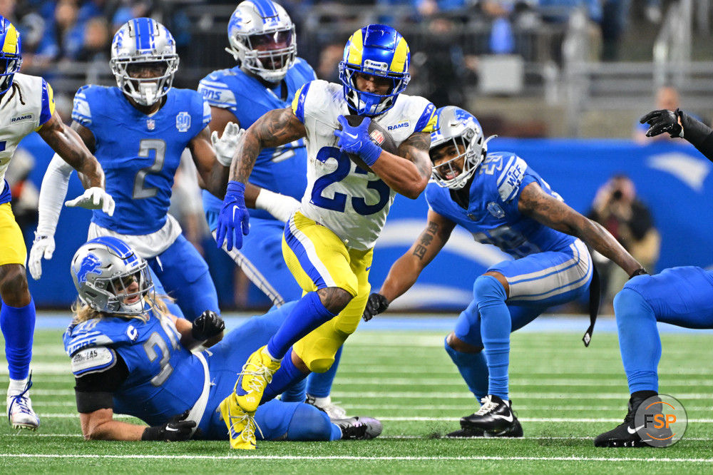 DETROIT, MI - JANUARY 14: Los Angeles Rams running back Kyren Williams (23) runs upfield for a first down during the NFC Wild Card game between the Detroit Lions and the Los Angeles Rams game on Sunday January 14, 2023 at Ford Field in Detroit, MI. (Photo by Steven King/Icon Sportswire)