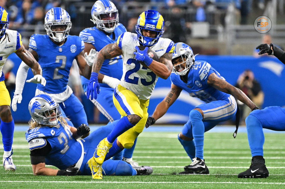 DETROIT, MI - JANUARY 14: Los Angeles Rams running back Kyren Williams (23) runs upfield for a first down during the NFC Wild Card game between the Detroit Lions and the Los Angeles Rams game on Sunday January 14, 2023 at Ford Field in Detroit, MI. (Photo by Steven King/Icon Sportswire)