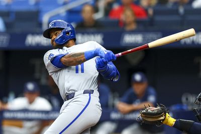 Jun 22, 2026; St. Petersburg, Florida, USA; Kansas City Royals shortstop Maikel Garcia (11) hits a double against the Tampa Bay Rays in the first inning at Tropicana Field. Mandatory Credit: Nathan Ray Seebeck-Imagn Images