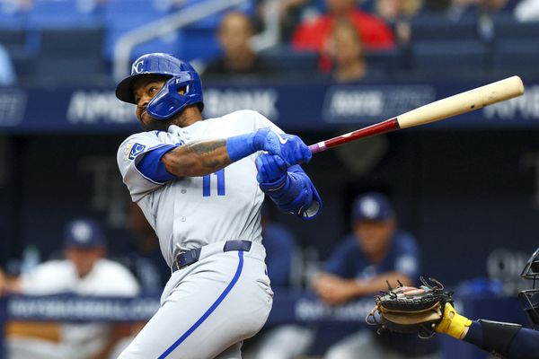 Jun 22, 2026; St. Petersburg, Florida, USA; Kansas City Royals shortstop Maikel Garcia (11) hits a double against the Tampa Bay Rays in the first inning at Tropicana Field. Mandatory Credit: Nathan Ray Seebeck-Imagn Images