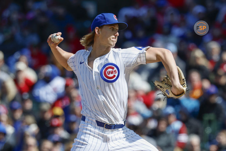Apr 26, 2025; Chicago, Illinois, USA; Chicago Cubs starting pitcher Ben Brown (32) delivers a pitch against the Philadelphia Phillies during the first inning at Wrigley Field. Credit: Kamil Krzaczynski-Imagn Images
