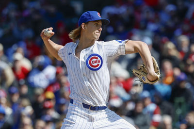 Apr 26, 2025; Chicago, Illinois, USA; Chicago Cubs starting pitcher Ben Brown (32) delivers a pitch against the Philadelphia Phillies during the first inning at Wrigley Field. Mandatory Credit: Kamil Krzaczynski-Imagn Images