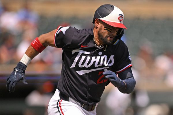 Aug 12, 2026; Minneapolis, Minnesota, USA;  Minnesota Twins infielder Royce Lewis (23) rounds first on his way to a double against the Baltimore Orioles during the third inning at Target Field. Mandatory Credit: Nick Wosika-Imagn Images