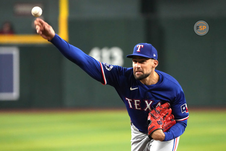 Sep 10, 2024; Phoenix, Arizona, USA; Texas Rangers pitcher Nathan Eovaldi (17) throws against the Arizona Diamondbacks in the first inning at Chase Field. Credit: Rick Scuteri-Imagn Images