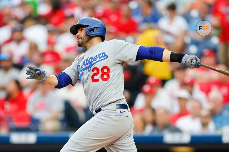 PHILADELPHIA, PA - JUNE 09:  J.D. Martinez #28 of the Los Angeles Dodgers at bat during the game against the Philadelphia Phillies during the game at Citizens Bank Park on June 9, 2023 in Philadelphia, Pennsylvania.  (Photo by Rich Graessle/Icon Sportswire)