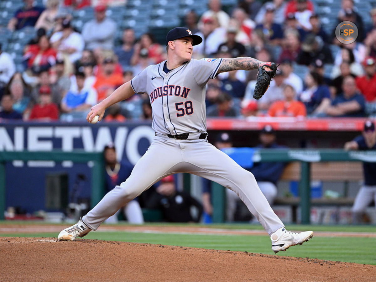 ANAHEIM, CALIFORNIA – JUNE 8: Houston Astros pitcher Hunter Brown (58) pitches during a MLB baseball game against the Los Angeles Angels at Angel Stadium on June 8, 2024 in Anaheim, California. (Photo by John Cordes/Icon Sportswire)