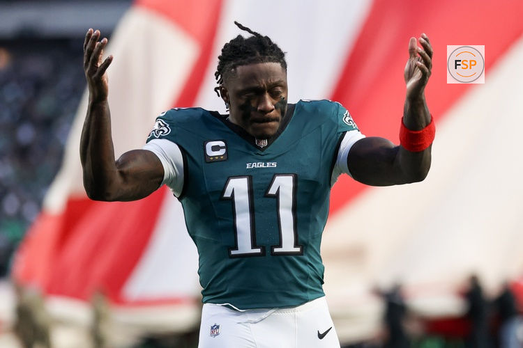 Jan 11, 2026; Philadelphia, PA, USA; Philadelphia Eagles wide receiver A.J. Brown (11) looks on prior to an NFC Wild Card Round game against the San Francisco 49ers at Lincoln Financial Field. Credit: Bill Streicher-Imagn Images
