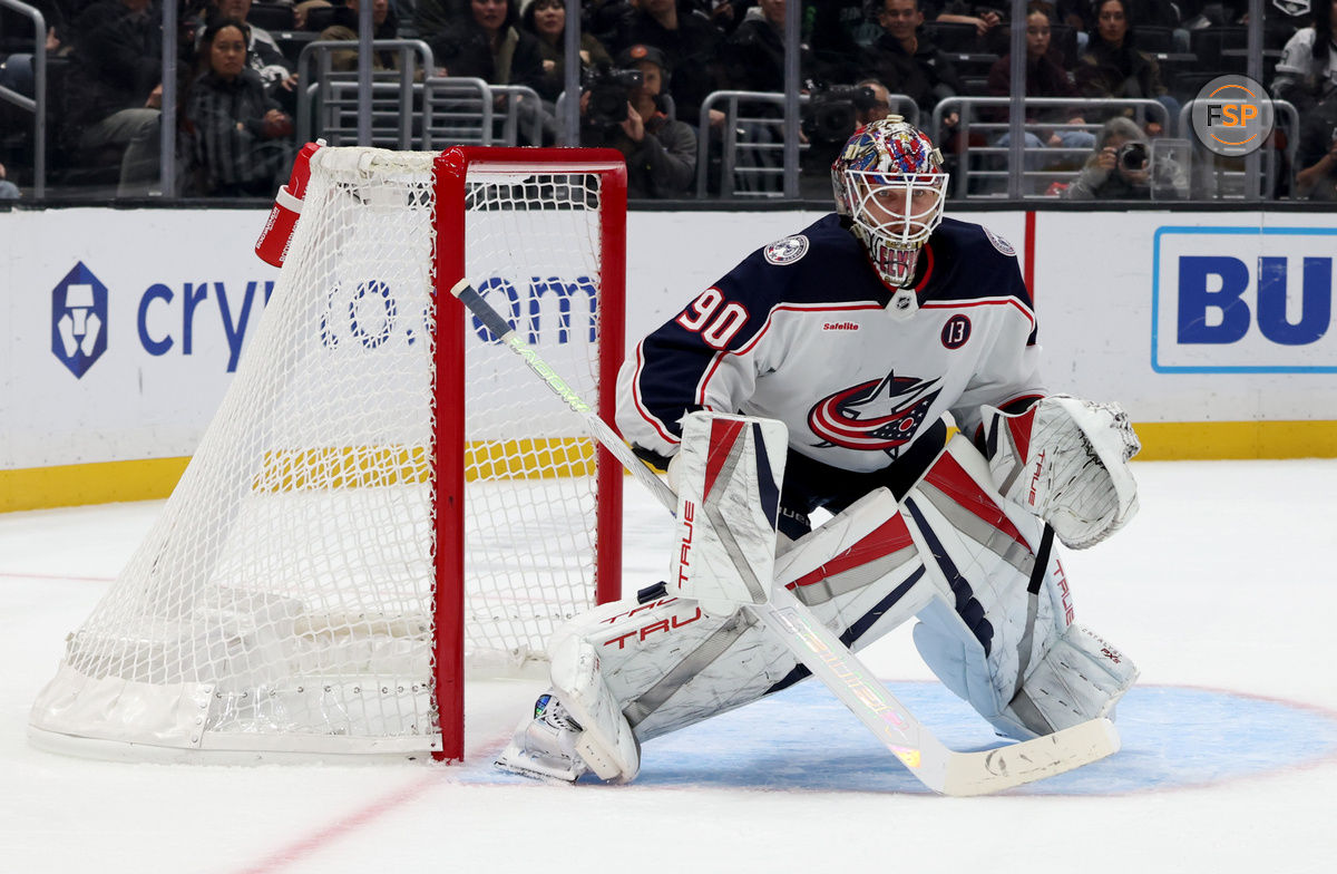 Nov 9, 2024; Los Angeles, California, USA; Columbus Blue Jackets goaltender Elvis Merzlikins (90) during the second period against the Los Angeles Kings at Crypto.com Arena. Credit: Jason Parkhurst-Imagn Images