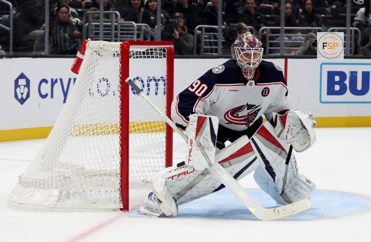 Nov 9, 2024; Los Angeles, California, USA; Columbus Blue Jackets goaltender Elvis Merzlikins (90) during the second period against the Los Angeles Kings at Crypto.com Arena. Credit: Jason Parkhurst-Imagn Images