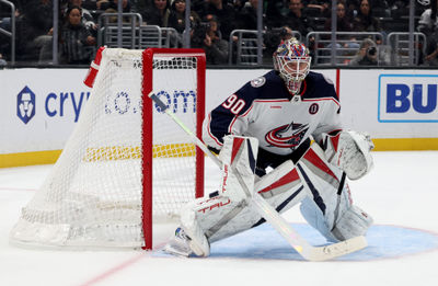 Nov 9, 2024; Los Angeles, California, USA; Columbus Blue Jackets goaltender Elvis Merzlikins (90) during the second period against the Los Angeles Kings at Crypto.com Arena. Mandatory Credit: Jason Parkhurst-Imagn Images