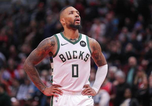 CHICAGO, IL - NOVEMBER 30: Damian Lillard #0 of the Milwaukee Bucks looks on during overtime against the Chicago Bulls at the United Center on November 30, 2023 in Chicago, Illinois. (Photo by Melissa Tamez/Icon Sportswire)