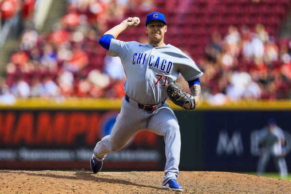 Jul 12, 2026; Cincinnati, Ohio, USA; Chicago Cubs relief pitcher Jacob Webb (71) pitches against the Cincinnati Reds in the ninth inning at Great American Ball Park. Mandatory Credit: Katie Stratman-Imagn Images