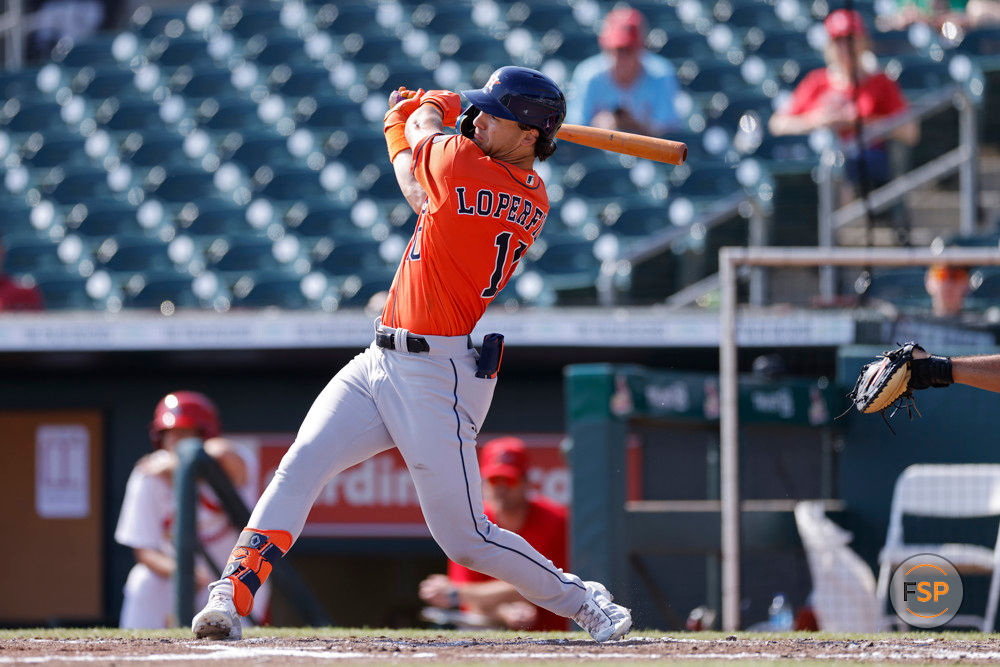 JUPITER, FL - MARCH 17: Houston Astros left fielder Joey Loperfido (10) bats during an MLB Spring Breakout game against the St. Louis Cardinals on March 17, 2024 at Roger Dean Chevrolet Stadium in Jupiter, Florida. (Photo by Joe Robbins/Icon Sportswire)
