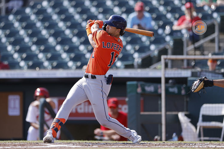 JUPITER, FL - MARCH 17: Houston Astros left fielder Joey Loperfido (10) bats during an MLB Spring Breakout game against the St. Louis Cardinals on March 17, 2024 at Roger Dean Chevrolet Stadium in Jupiter, Florida. (Photo by Joe Robbins/Icon Sportswire)