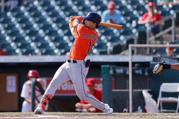 JUPITER, FL - MARCH 17: Houston Astros left fielder Joey Loperfido (10) bats during an MLB Spring Breakout game against the St. Louis Cardinals on March 17, 2024 at Roger Dean Chevrolet Stadium in Jupiter, Florida. (Photo by Joe Robbins/Icon Sportswire)