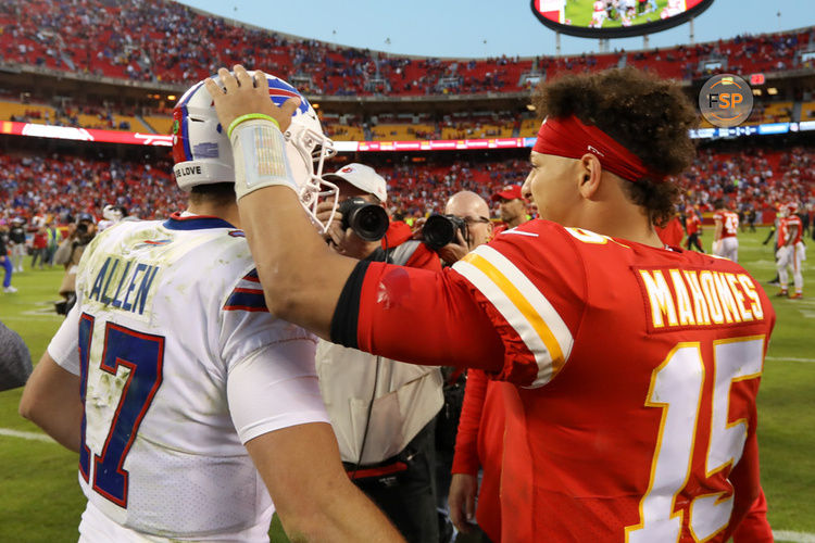 KANSAS CITY, MO - OCTOBER 16: Kansas City Chiefs quarterback Patrick Mahomes (15) pats Buffalo Bills quarterback Josh Allen (17) on the head after an NFL game between the Buffalo Bills and Kansas City Chiefs on October 16, 2022 at GEHA Field at Arrowhead Stadium in Kansas City, MO. Photo by Scott Winters/Icon Sportswire)