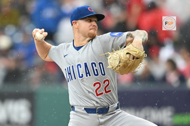Apr 3, 2026; Cleveland, Ohio, USA; Chicago Cubs starting pitcher Cade Horton (22) throws a pitch during the first inning against the Cleveland Guardians at Progressive Field. Credit: Ken Blaze-Imagn Images
