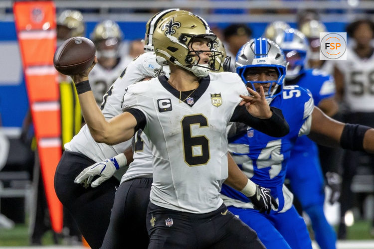 Sep 13, 2026; Detroit, Michigan, USA;  New Orleans Saints quarterback Tyler Shough (6) throws a pass against the Detroit Lions during the second half at Ford Field.  Credit: David Reginek-Imagn Images