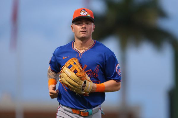 Mar 13, 2026; West Palm Beach, Florida, USA; New York Mets left fielder A.J. Ewing (97) returns to the dugout against the Washington Nationals during the second inning at CACTI Park of the Palm Beaches. Mandatory Credit: Sam Navarro-Imagn Images