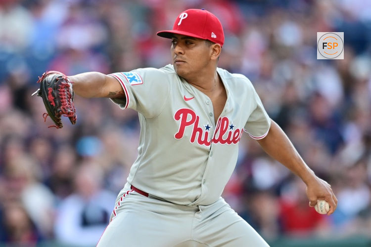 May 10, 2025; Cleveland, Ohio, USA; Philadelphia Phillies starting pitcher Ranger Suarez (55) throws a pitch during the first inning against the Cleveland Guardians at Progressive Field. Credit: Ken Blaze-Imagn Images