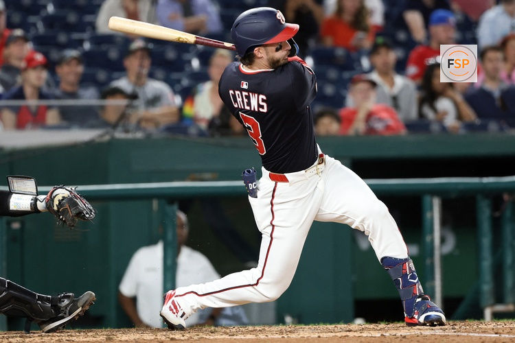 Sep 2, 2025; Washington, District of Columbia, USA; Washington Nationals outfielder Dylan Crews (3) hits a double during the sixth inning against the Miami Marlins at Nationals Park. Credit: Daniel Kucin Jr.-Imagn Images